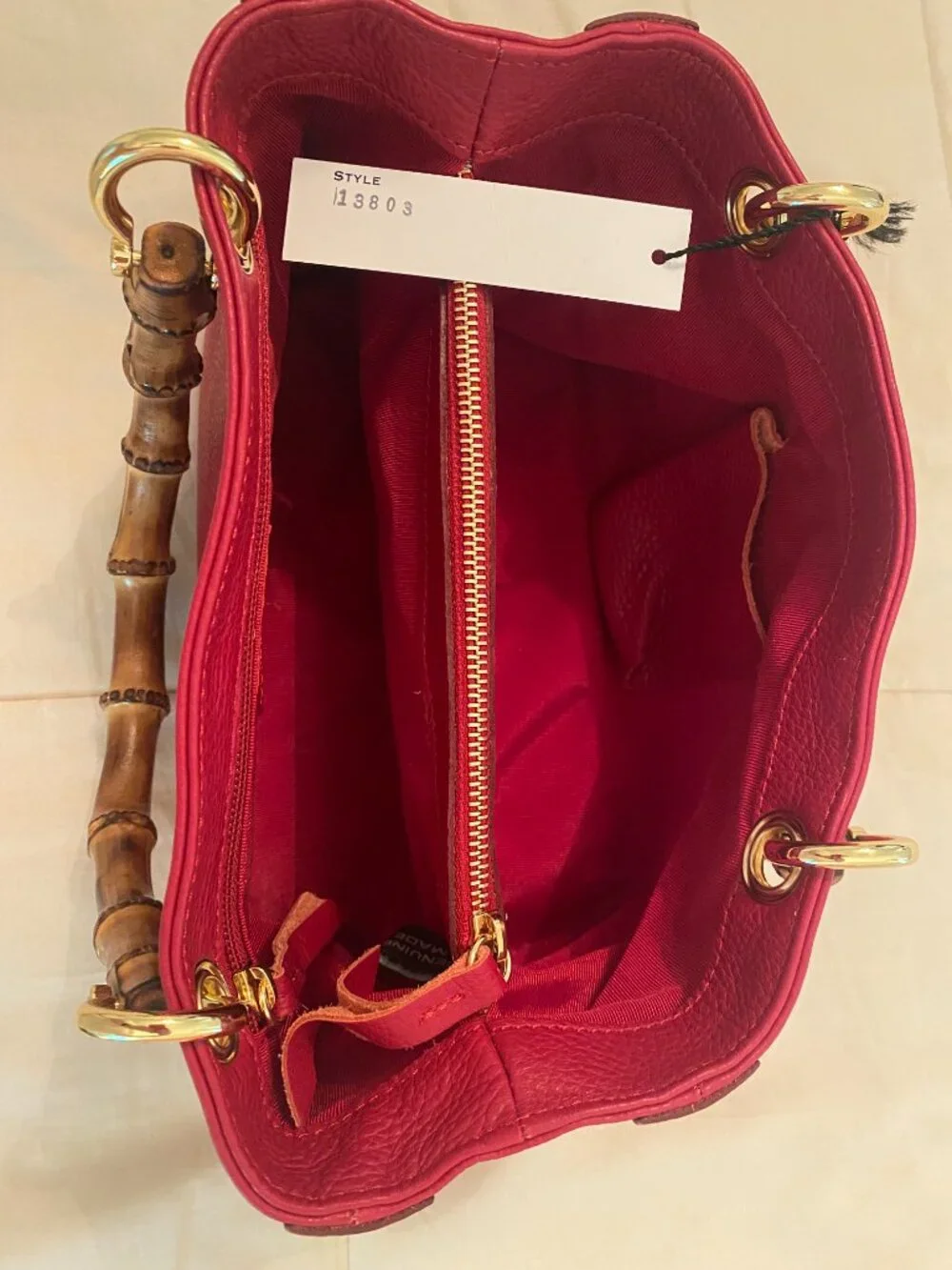 NEW w/tags Uno alla Volta Red Italian Leather Handbag with Bamboo Handles