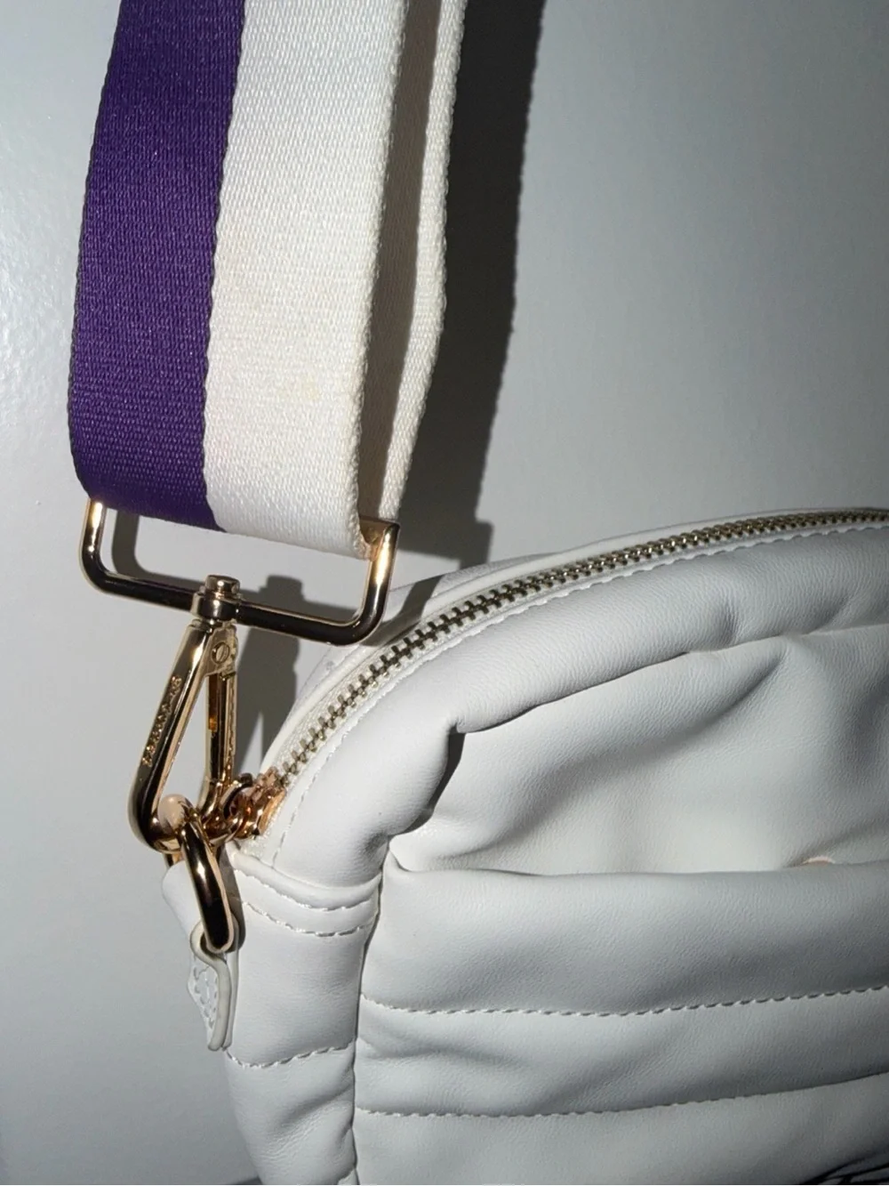 White Quilted Crossbody Bag with Contrast Purple-Trim Strap