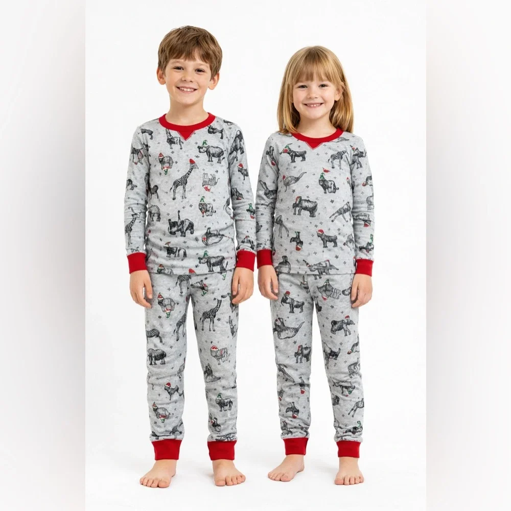 Kids Grey Animal Print Pajama Set with Red Trim
