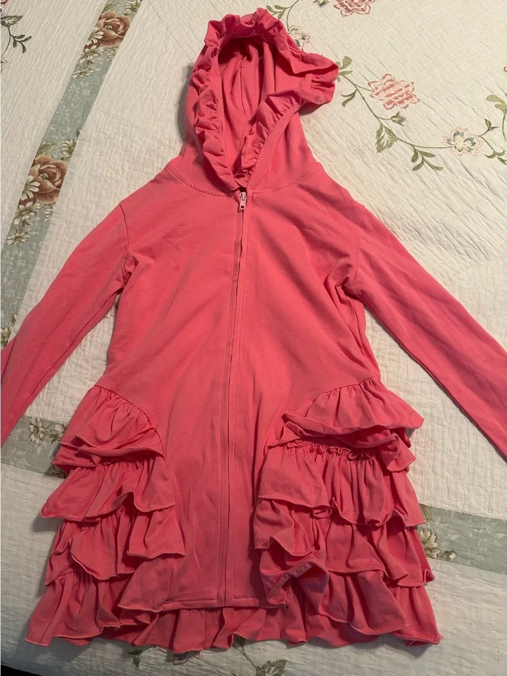 Ruffled Hooded Zip-Up Tunic - Coral Pink