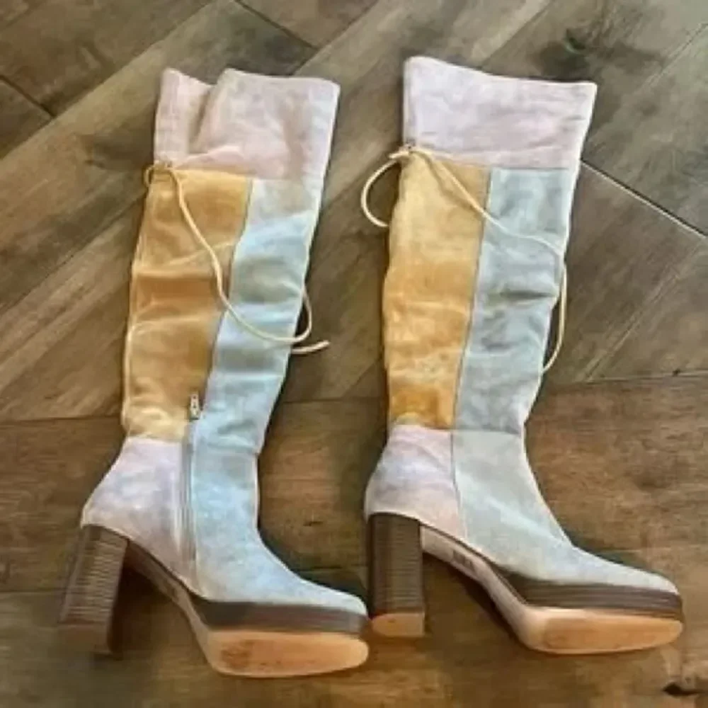 Free People Echo Platform Over-The-Knee Boots Soft Pieced Leather Patches US 7.5