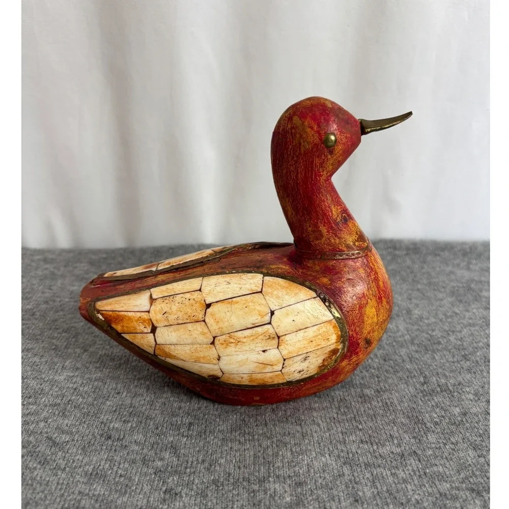 Vintage Decorative Duck Figurine Red Wood Bone Inlay Brass Accents Folk Art 8.5