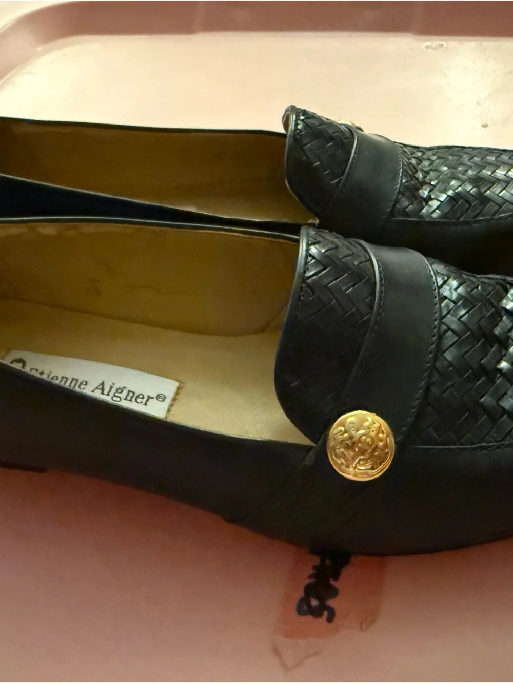 Etienne Aigner Black Woven Leather Loafers with Gold Buttons
