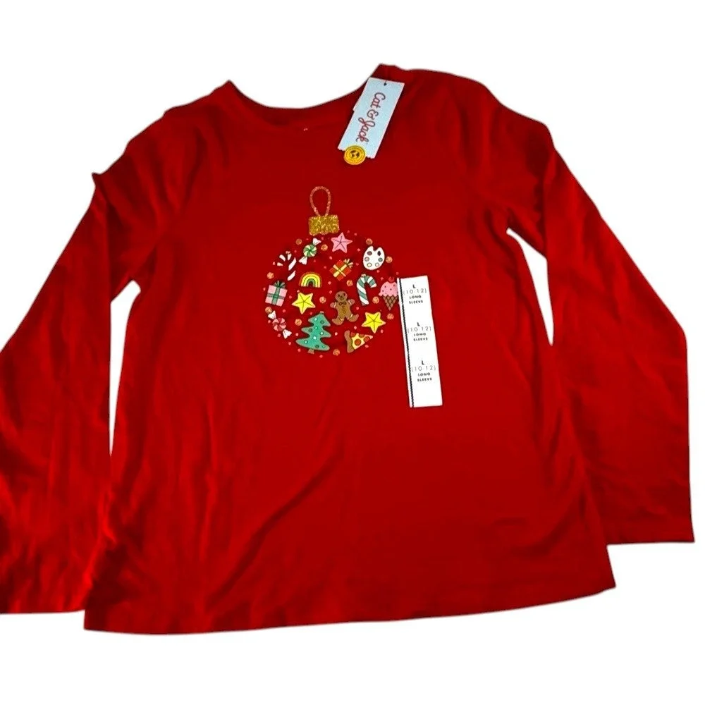 NWT Cat‎ & Jack Red Girls' Top with Gold Accent Long Sleeve Shirt Size Large New