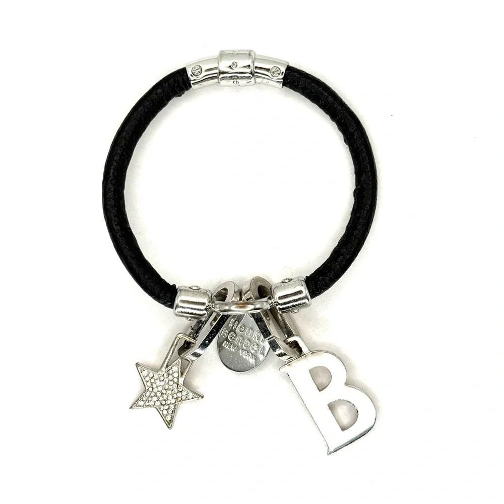 Henri Bendel Influencer Black Leather Charm Bracelet with‎ Pave Star & B Charm