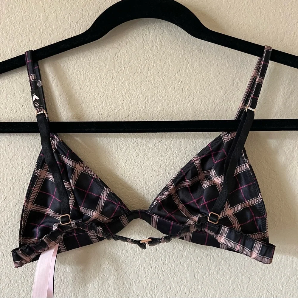 VICTORIA SECRET Black Pink Satin Triangle Plaid Bralette XS