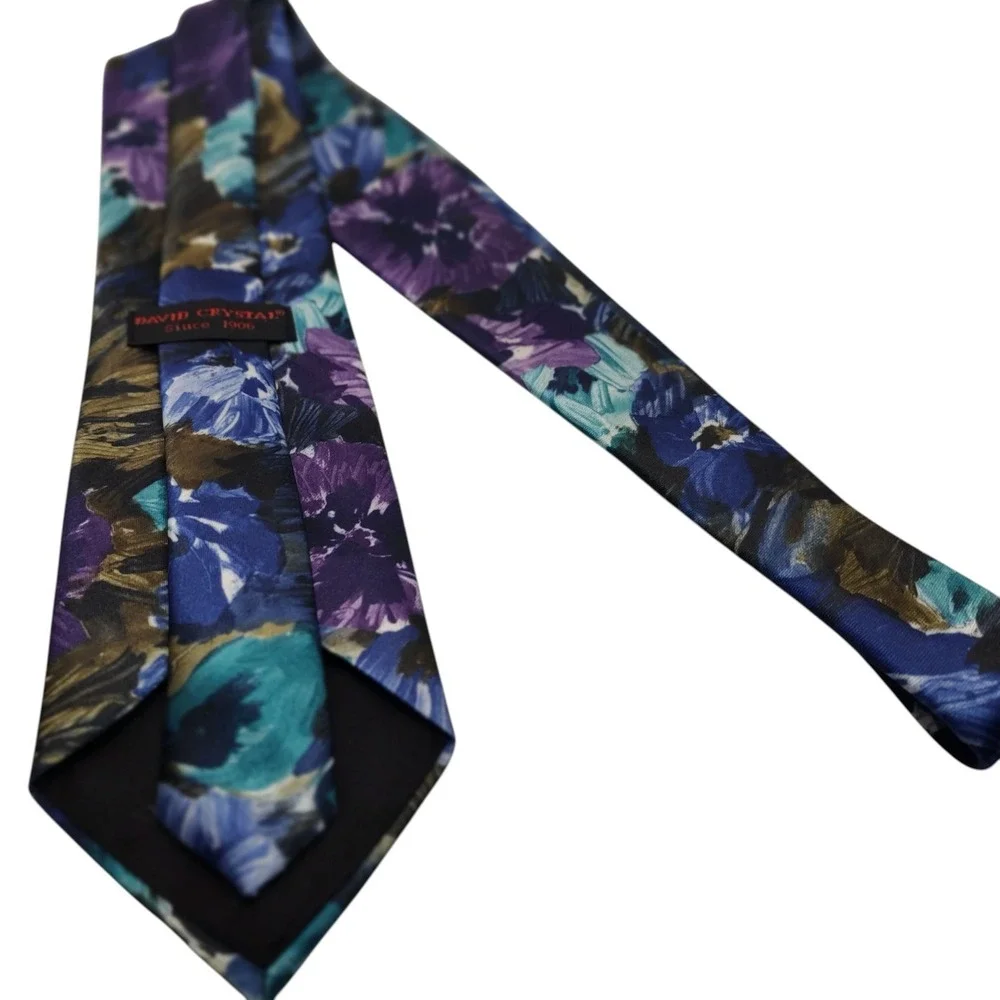 David Crystal‎ Necktie Abstract Floral Art Design Purple Blue Tie Made In USA