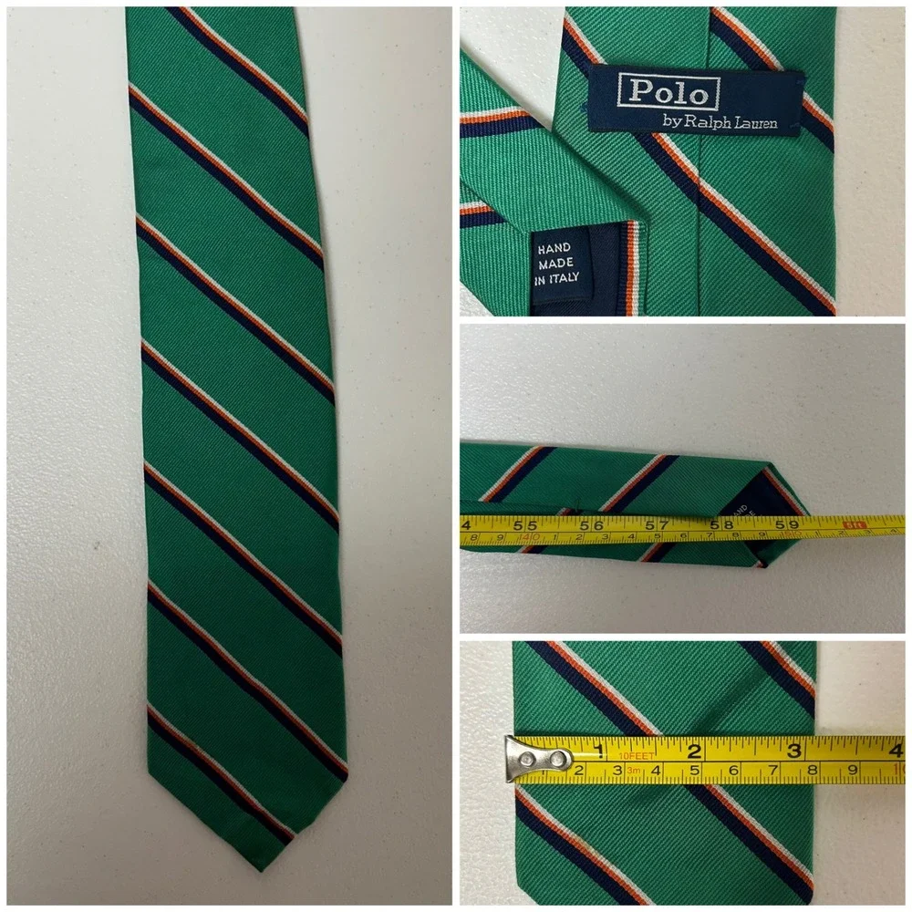 Polo Ralph Lauren Necktie Mens Green Striped Silk Hand Made Italy 59.5