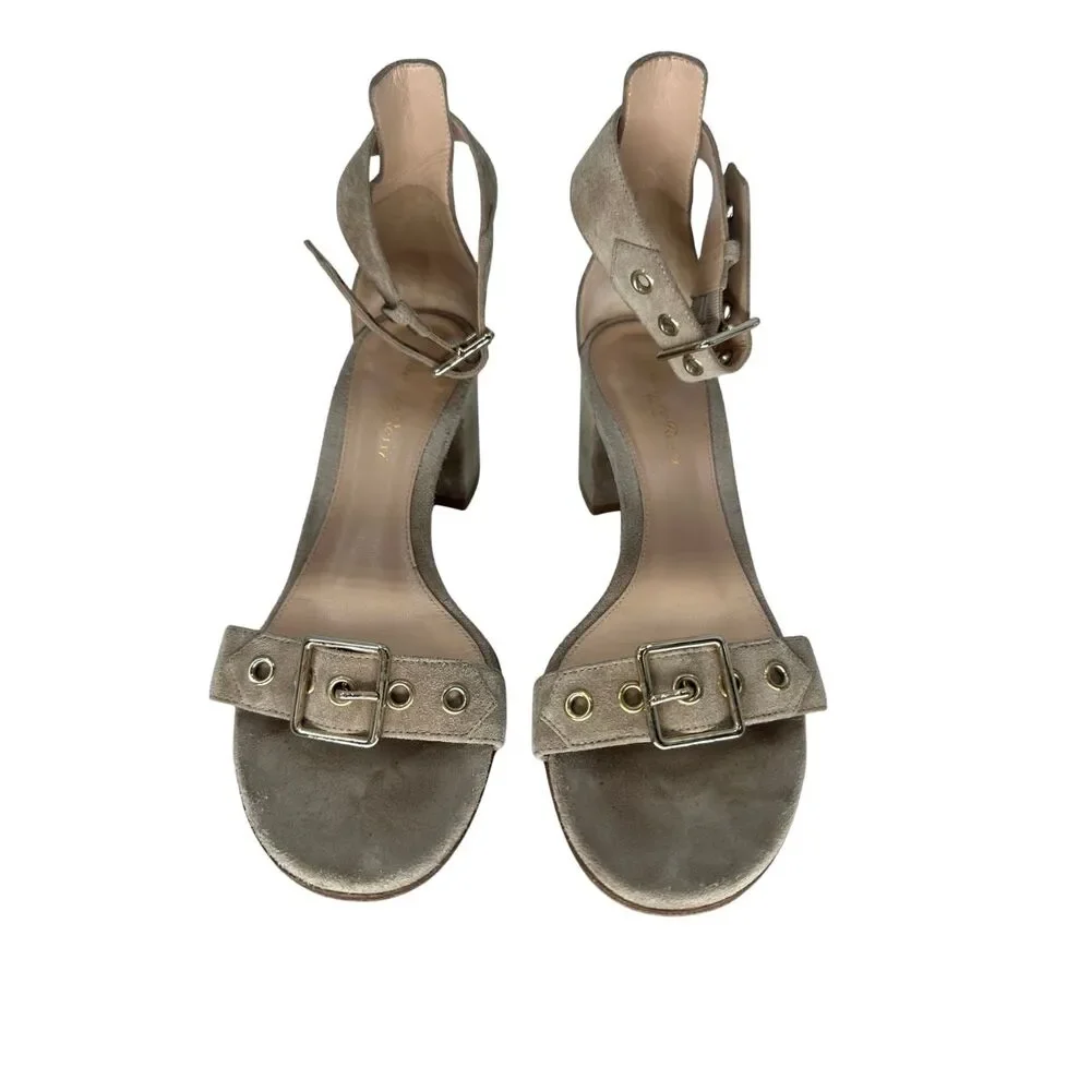 Gianvito Rossi Suede Hayes Buckle Accent Ankle Strap Sandals Women's Size 37.5