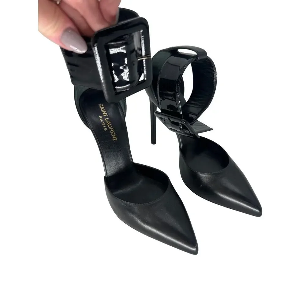 Saint Laurent Leather Pointed Toe Ankle Strap Pump Heels Black Women's Size 38.5