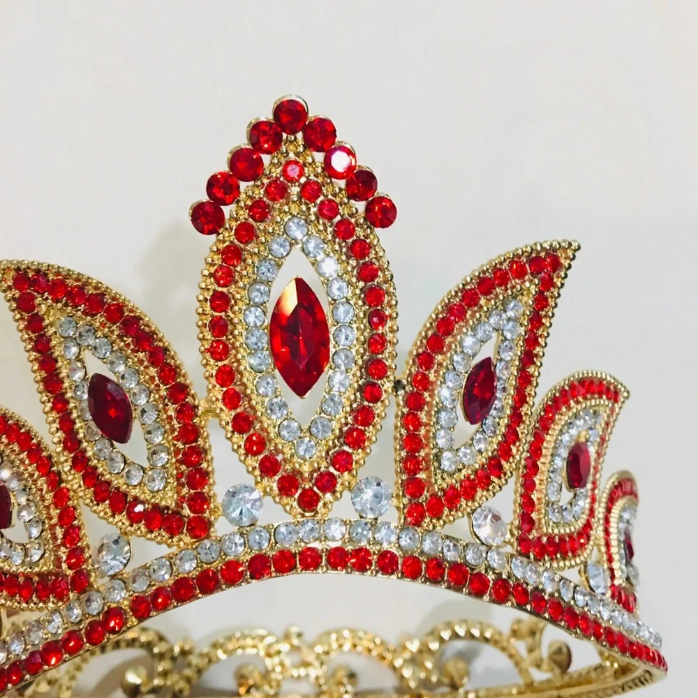 New Ruby and Diamond Rhinestone Gold Metal Crown Tiara Custom Wedding Bridal