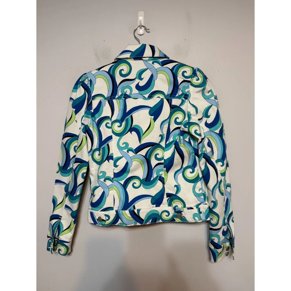 Boston Proper Y2K Mod Printed Denim Jacket Pants Set Women XS 0 Coastal Resort