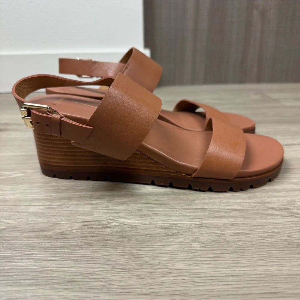 NEW FRANKIE4 Tan Enzo Wedge Strap Sandals Leather Arch Support Comfort Size 7