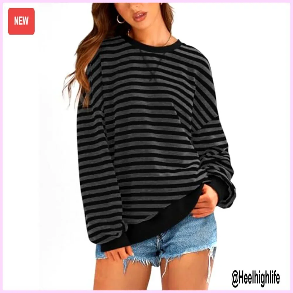 Oversized Striped Sweatshirt Crew Neck Long Sleeve Loose Fit Pullover Top