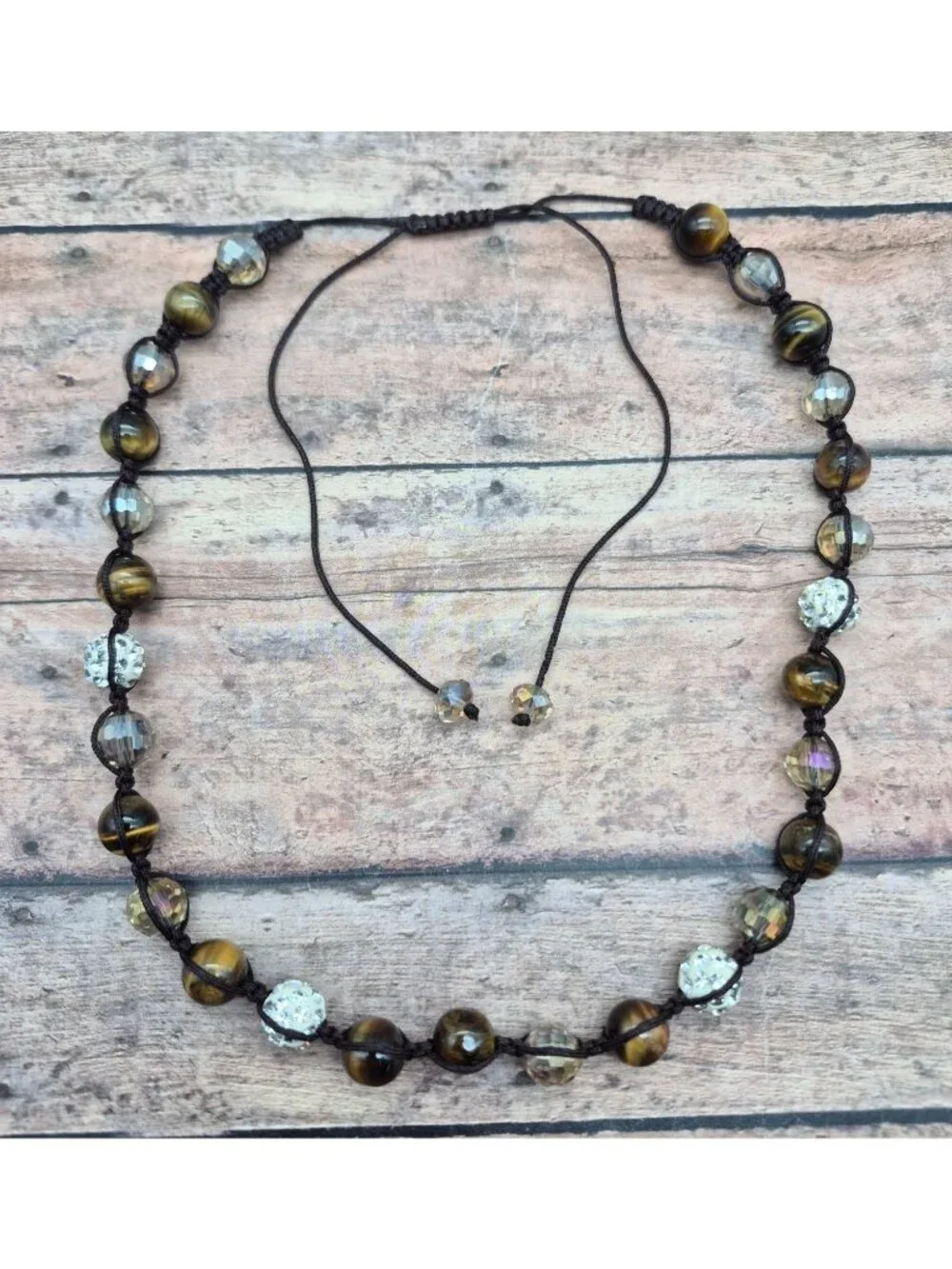 NWOT Tiger's Eye Shamballa & Faceted Crystal Boho Cord Necklace One Size Unisex