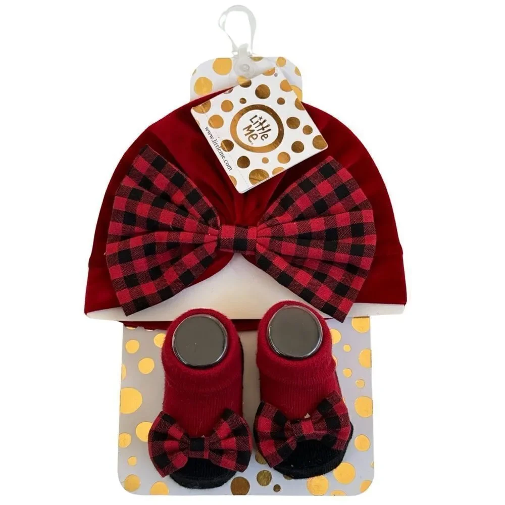 Little Me 0-12 Month Holiday Velvet Plaid Hat & Bootie Set NWT