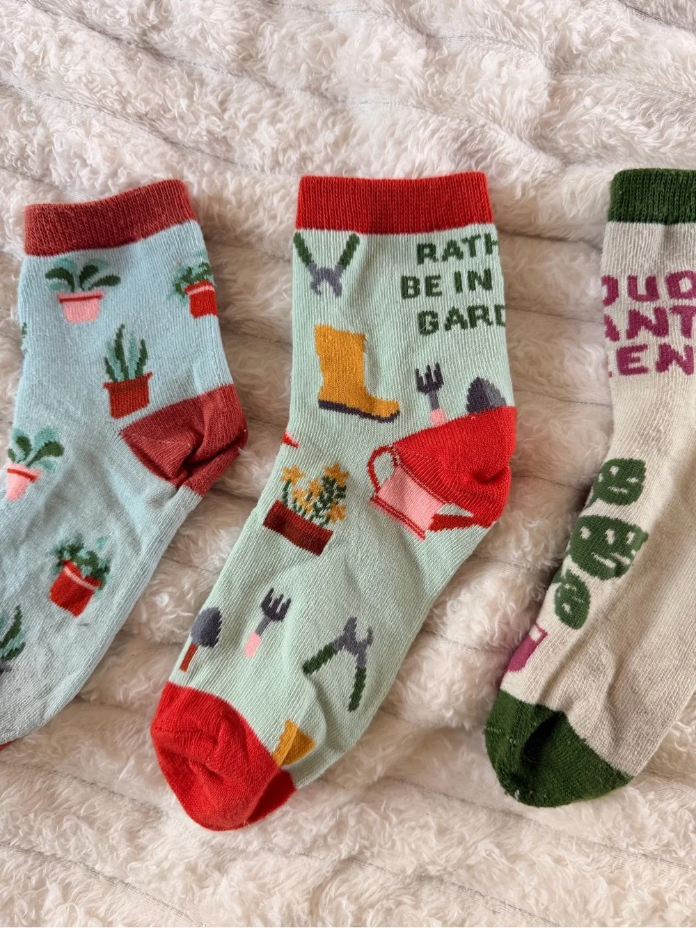 Garden-Themed Crew Socks Trio - Mint, Light Blue & Beige