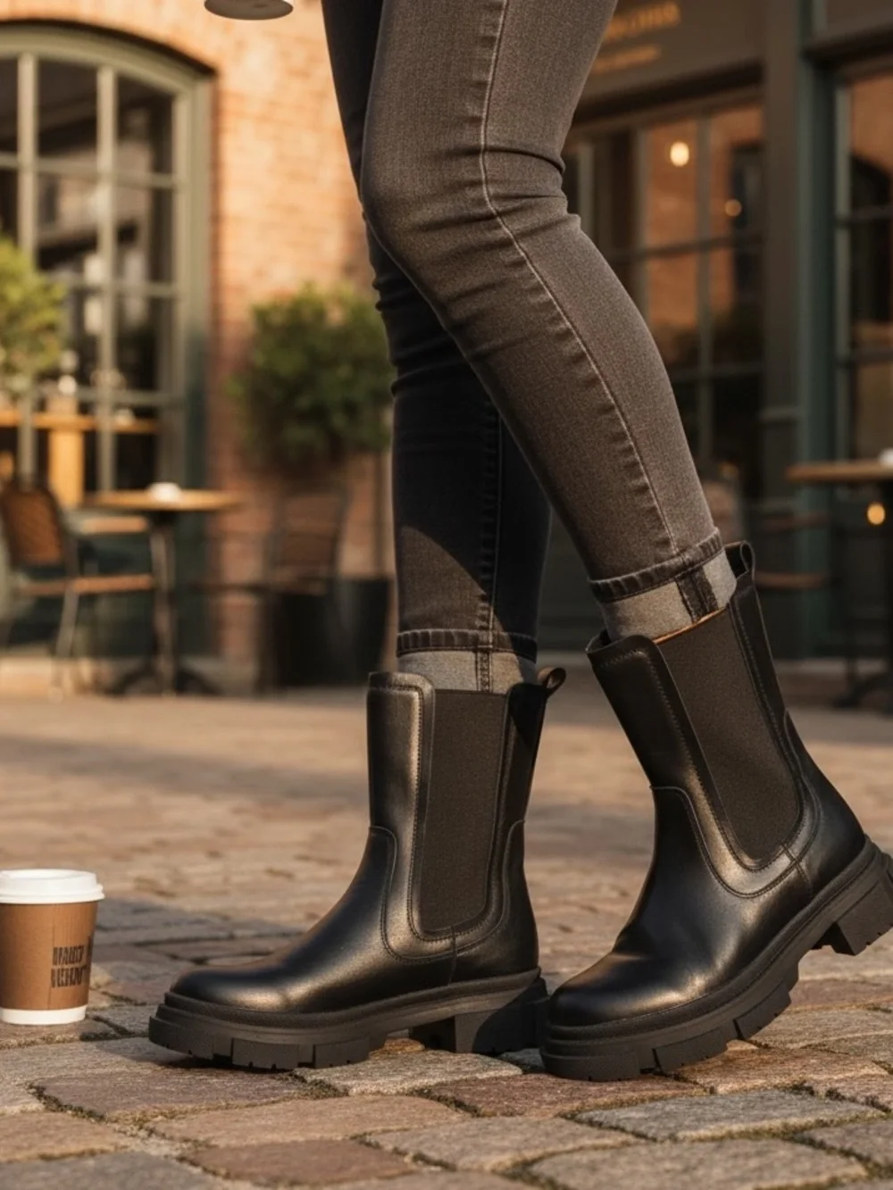 Yetier Women’s Black Lug-Sole Chelsea Ankle Boots