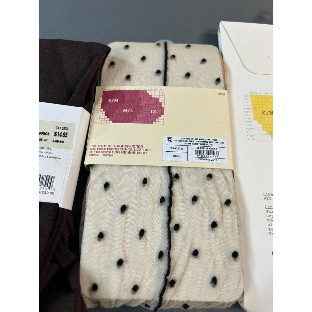 Lot of 3 Via Spiga Merona A New Day Tights Leggings ML Brown Polka Dot Fishnet