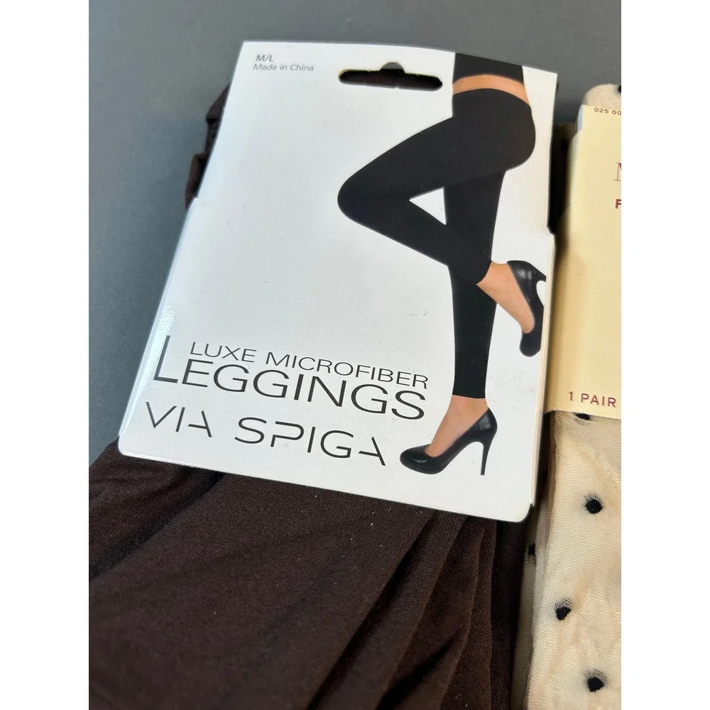 Lot of 3 Via Spiga Merona A New Day Tights Leggings ML Brown Polka Dot Fishnet