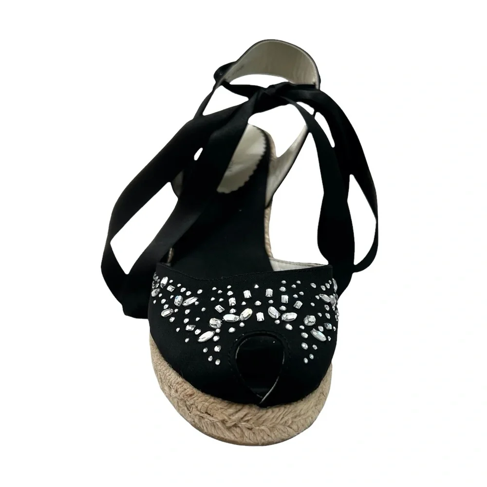 ANNE KLEIN BLACK SATIN WEDGE PEEP TOE ESPADRILLES W SATIN ANKLE WRAP & CRYSTALS