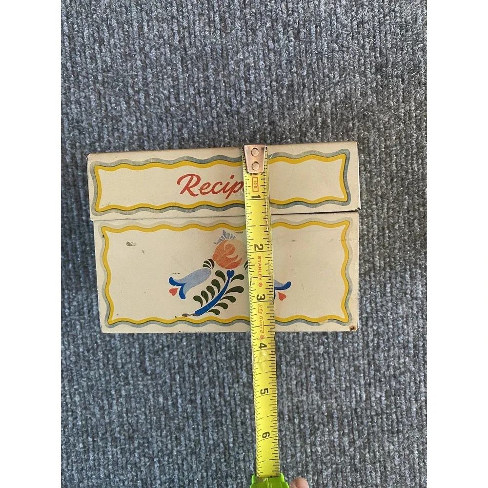 Vintage Tin Recipe Card Holder Box And Card Holder  Yellow Green Blue