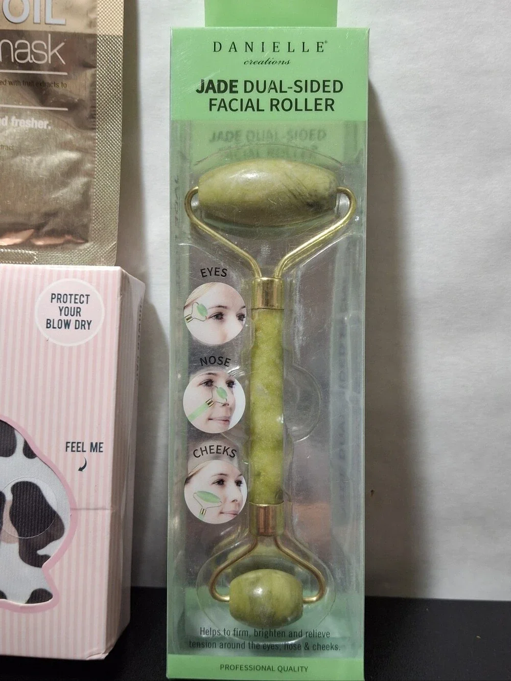 Shower Cap MasqueBAR Gold Foil Peel-Off Mask & Jade Facial Roller Set