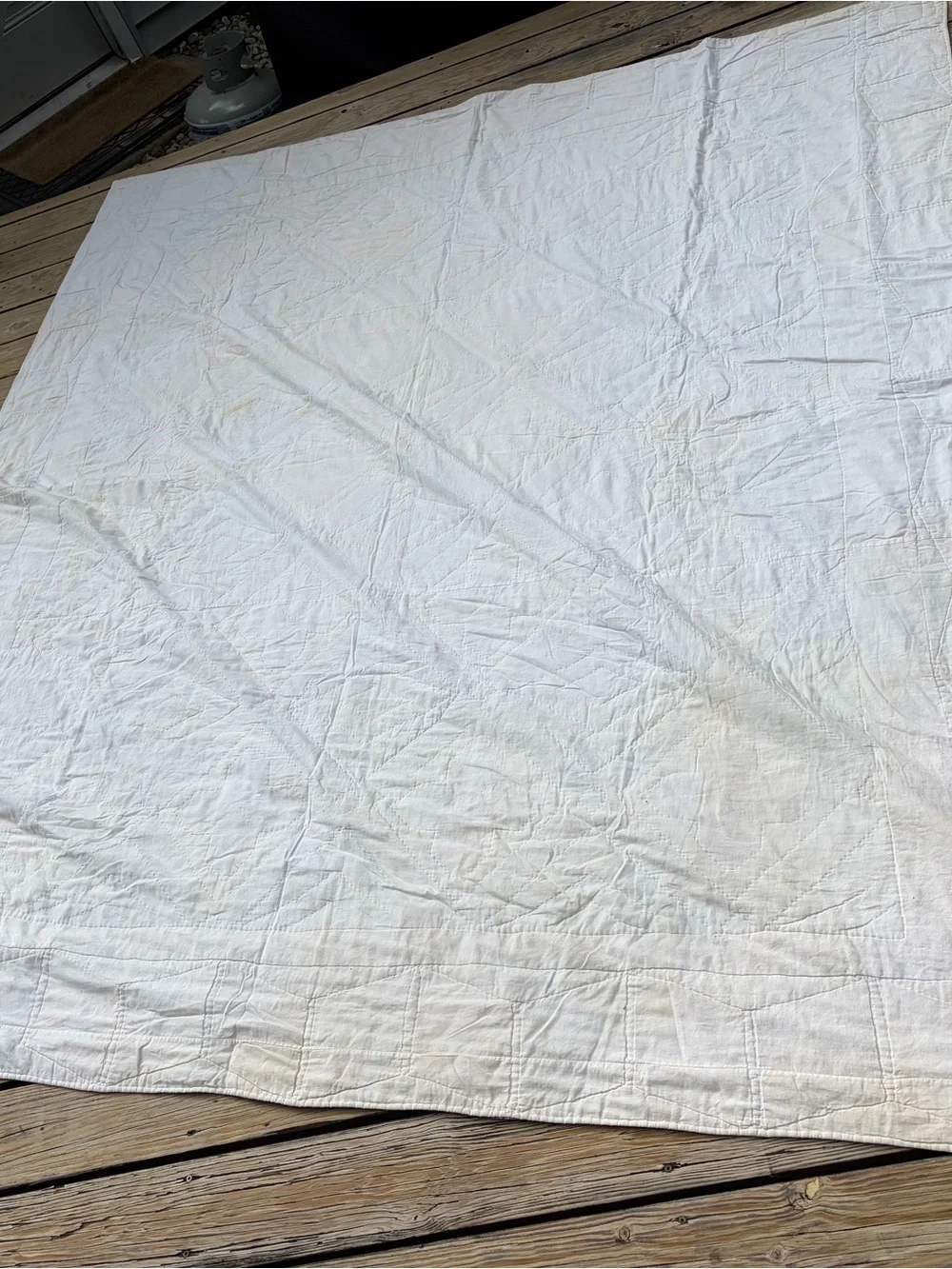 Handmade Pink and Green Patchwork Quilt - Floral Pinwheel Design VINTAGE stains