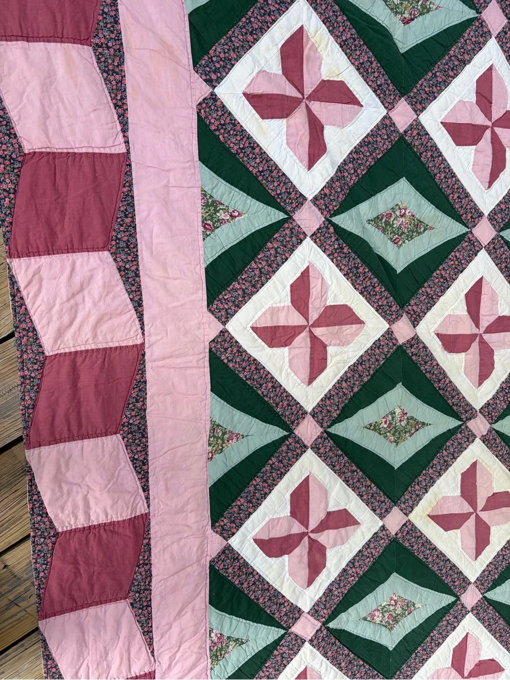 Handmade Pink and Green Patchwork Quilt - Floral Pinwheel Design VINTAGE stains