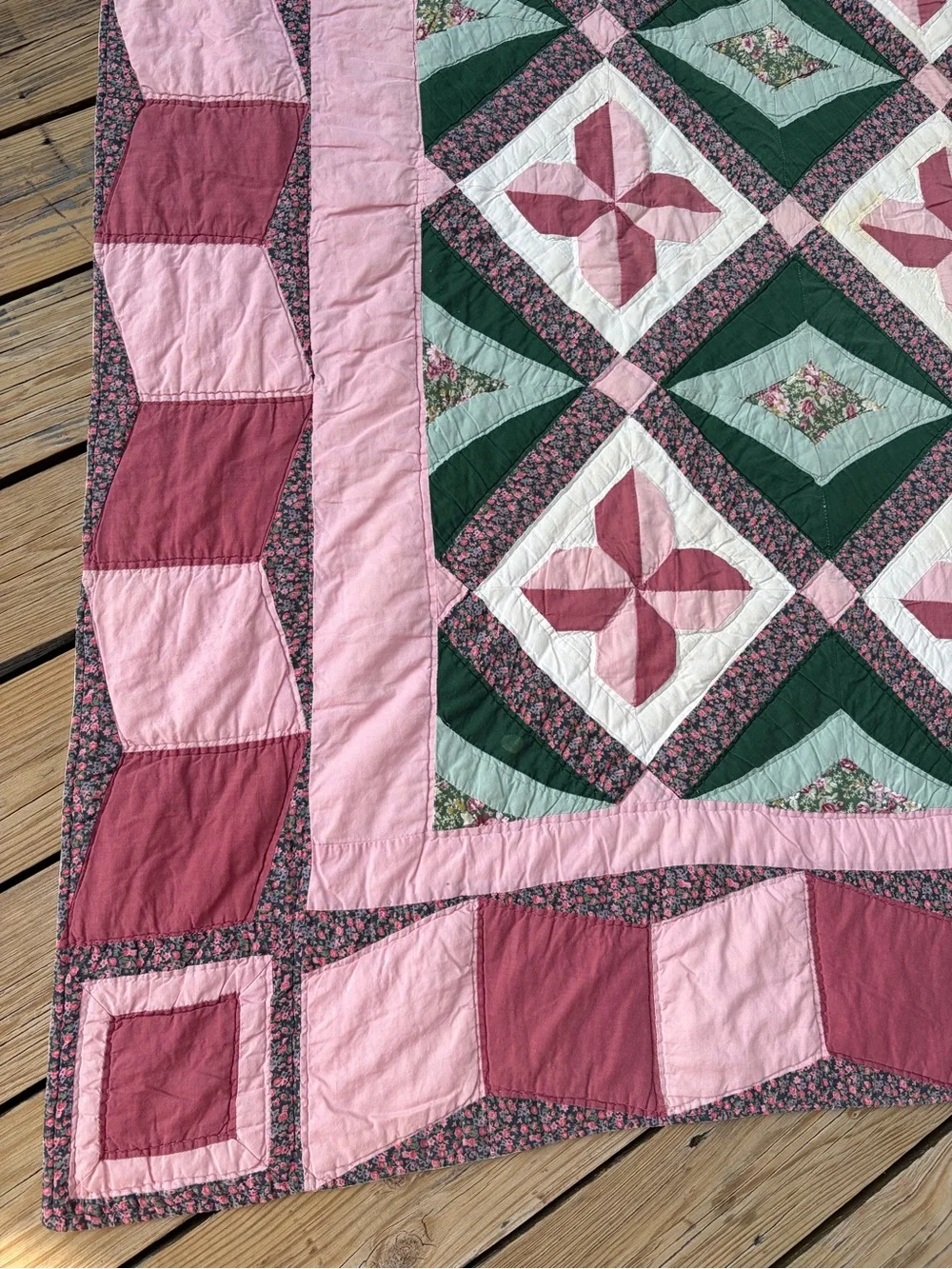 Handmade Pink and Green Patchwork Quilt - Floral Pinwheel Design VINTAGE stains