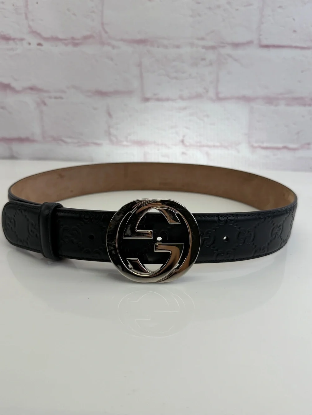 Authentic Gucci Guccissima Black Mens Leather Belt Gg Interlocking 80/32 411924