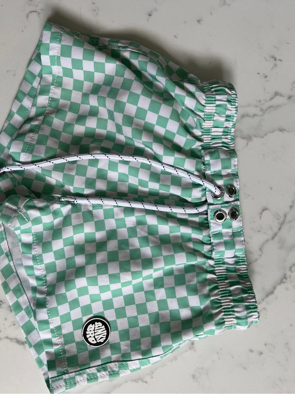 Kids Mint Green & White Checker Swim Trunks with Logo