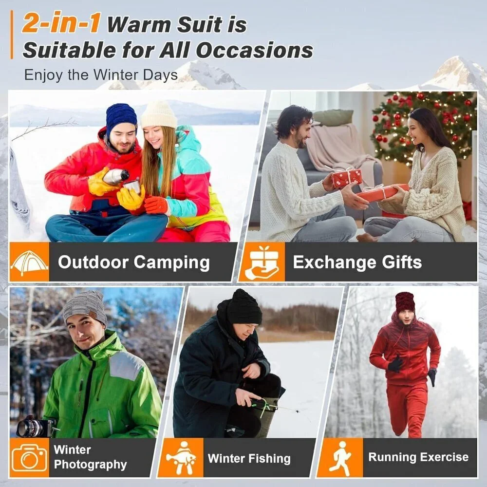 Men's Black Winter Warm Knit Skull Cap Neck Warmer Fleece Lined Hats Scarf Set