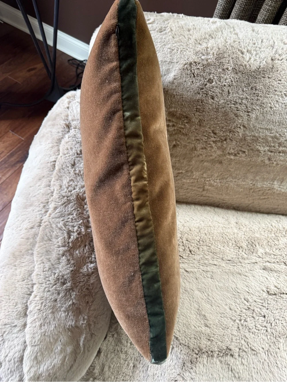 Kevin O'Brien Brown Velvet Lumbar Pillow with Green Velvet Piping