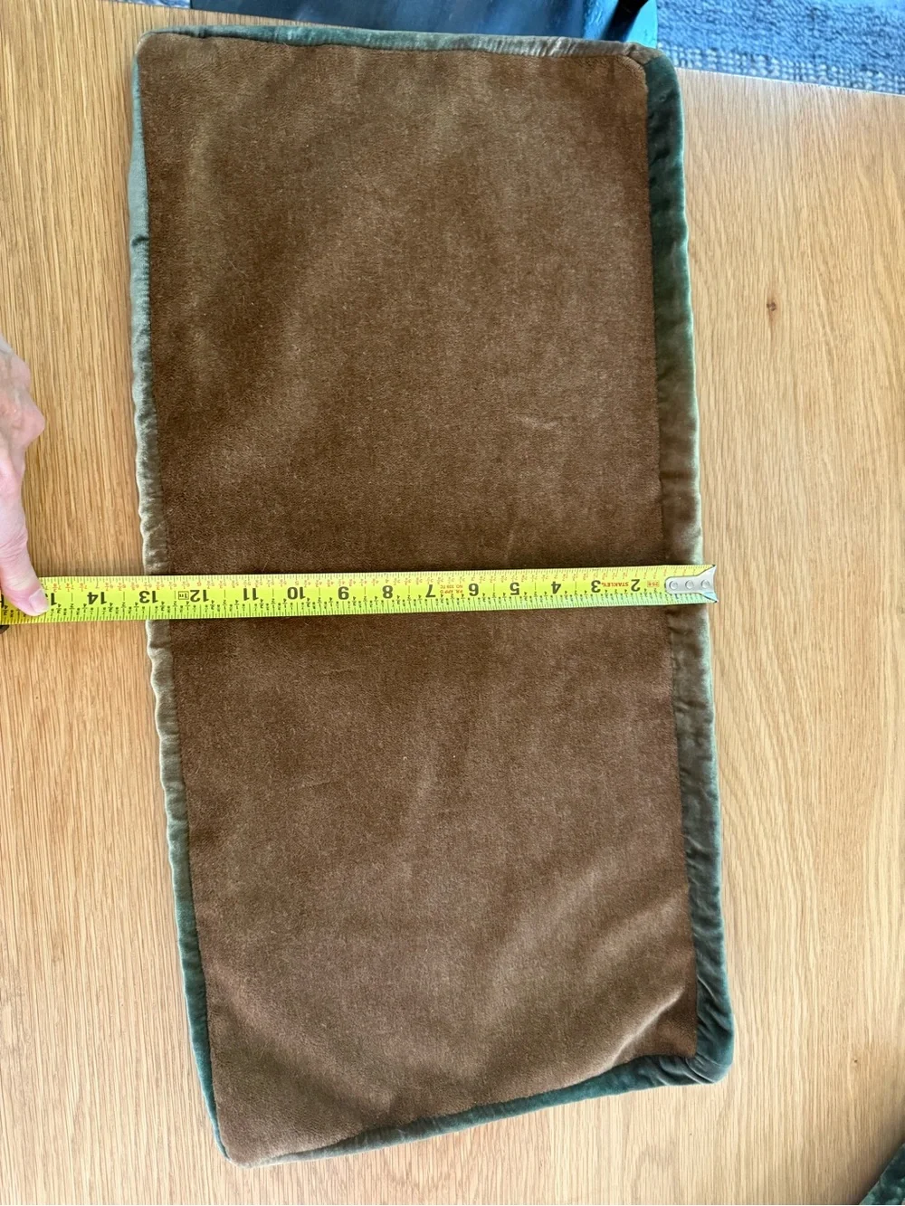 Kevin O'Brien Brown Velvet Lumbar Pillow with Green Velvet Piping