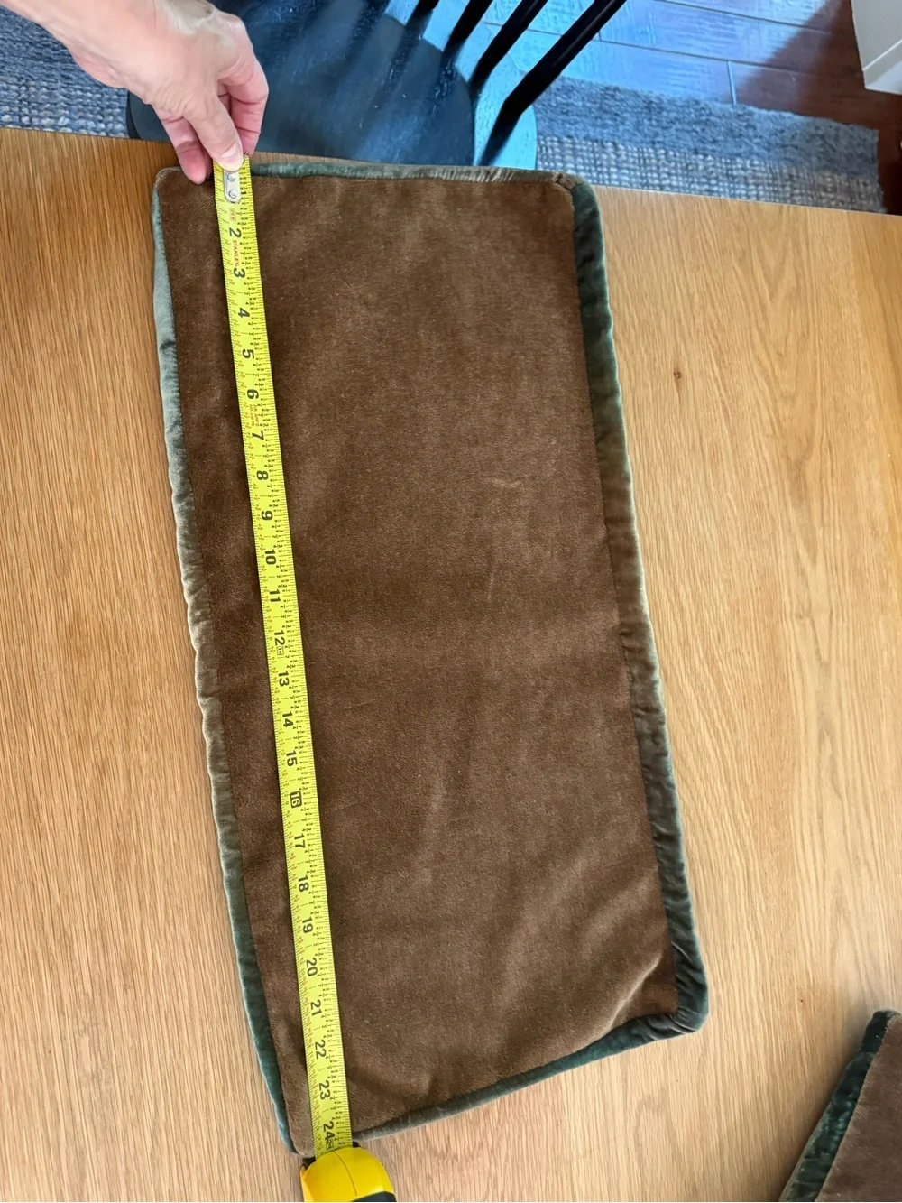 Kevin O'Brien Brown Velvet Lumbar Pillow with Green Velvet Piping