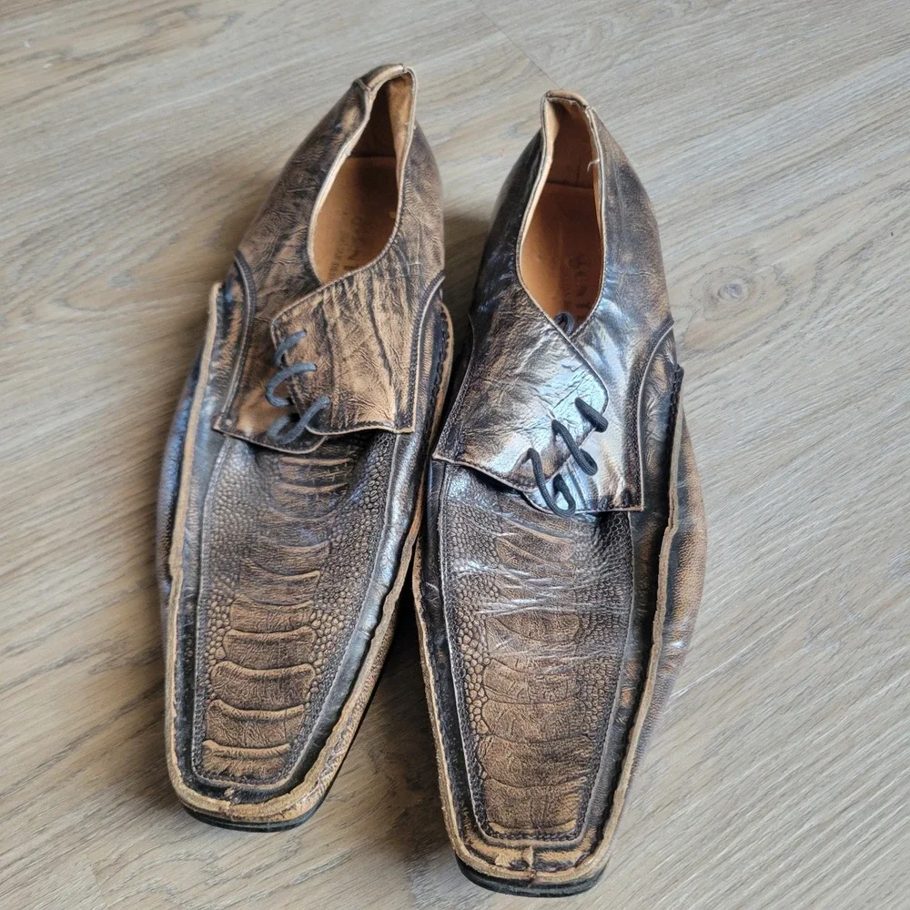 Monteli Mens Oxford Shoes 10.5 E Brown Ostrich Leather Square Toe Avant-Garde