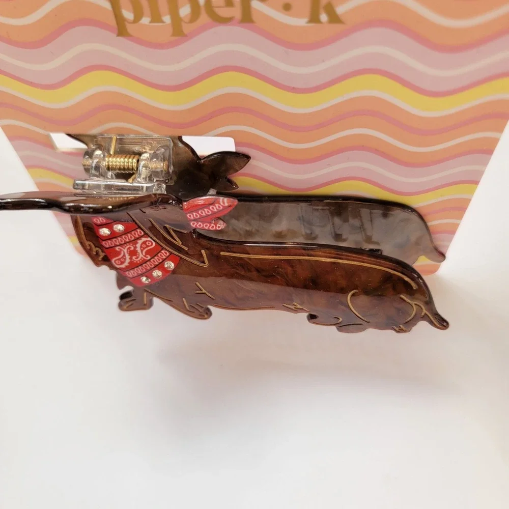 Piper K Dachshund Hair Claw Clip‎ Brown Tortoiseshell Wiener Dog Red Bandana New