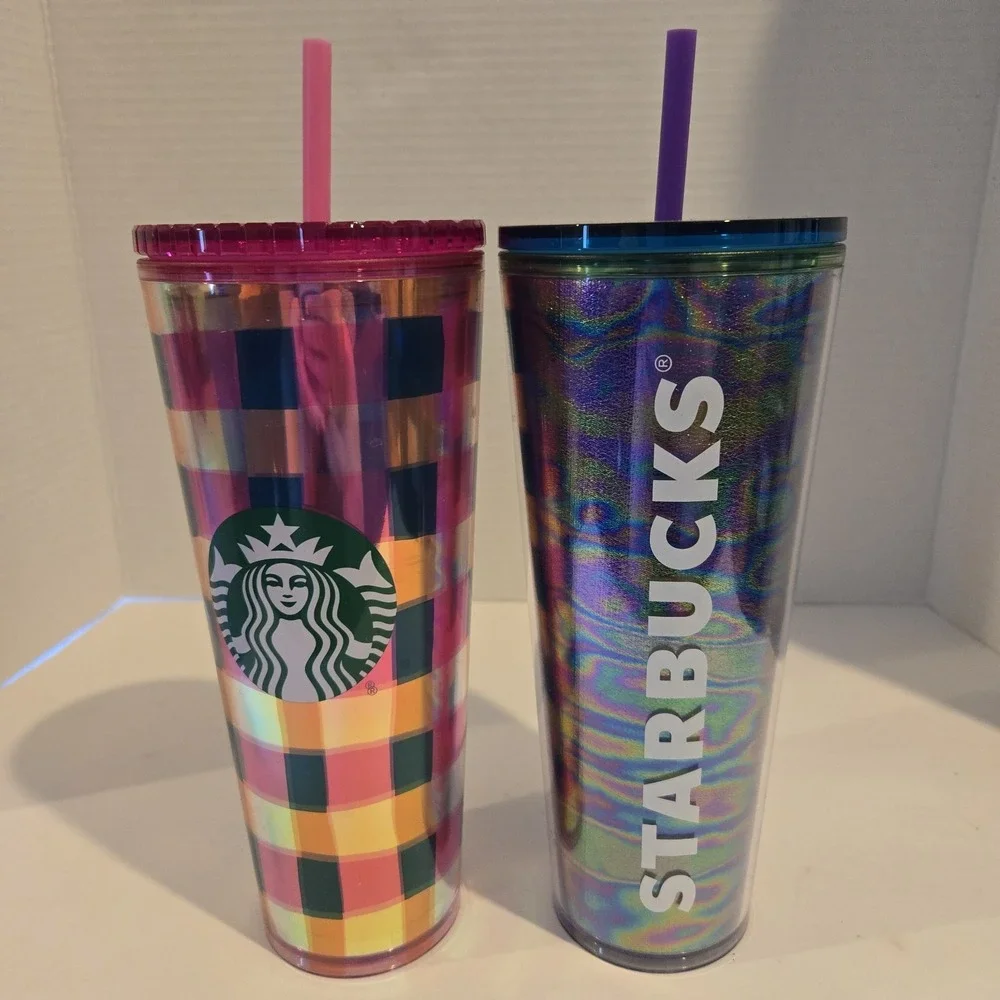 2 New! Starbucks 24oz Tumblers Pink‎ Stripe & Multi Color Cold Only With Straws