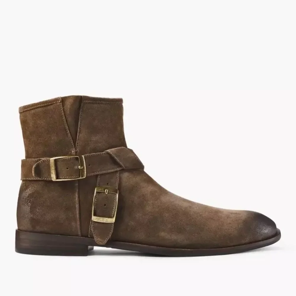 John Varvatos Taupe Brown Suede Double-Buckle Ankle Boots