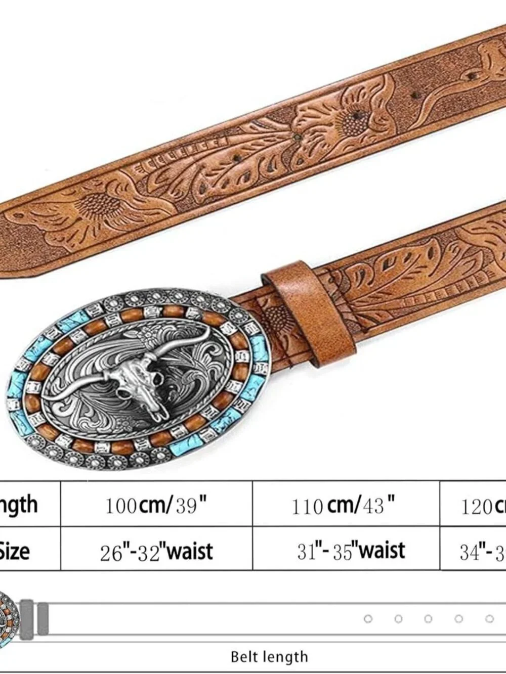 Women's Brown Western Pu Leather Longhorn Bull Turquoise Embossed Buckle Belt
