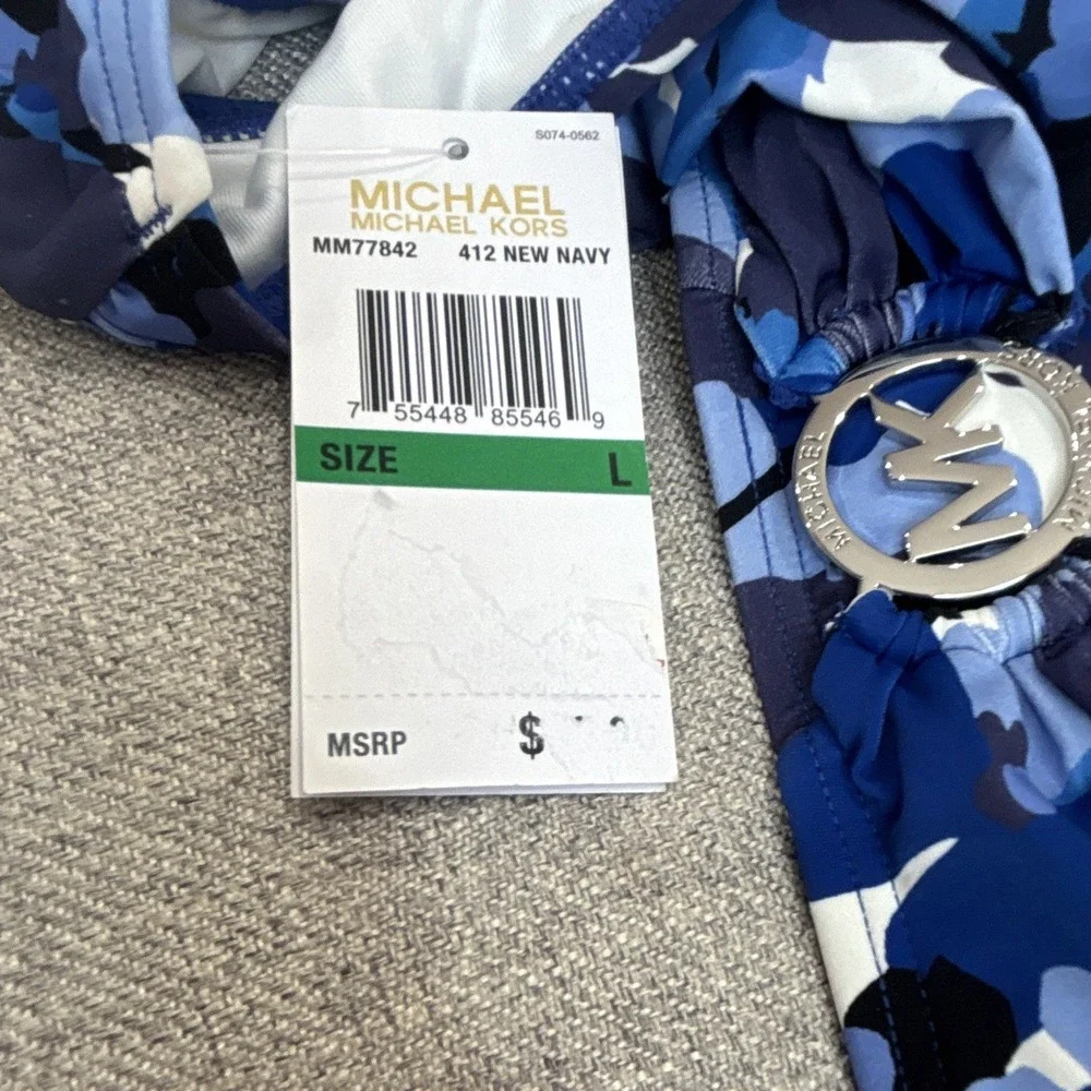 Michael Kors Womens Blue Floral Bikini Swim Bottom Logo Ring Lined Stretch Sz L