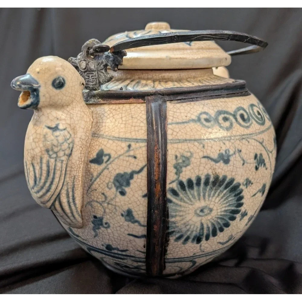 Antique Blue & White Asian Teapot Figural Spout