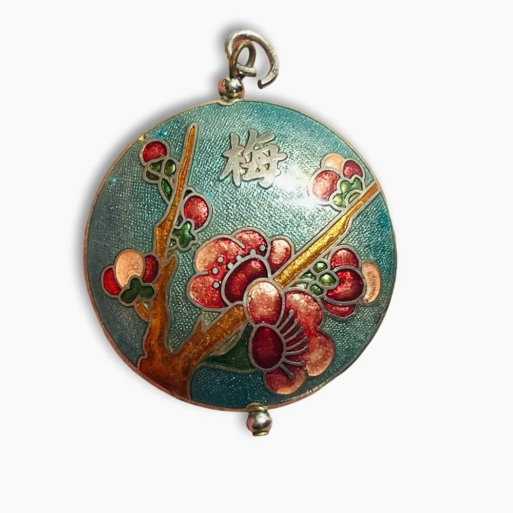 Vintage Cloisonne Enamel Pendant Plum Blossom Chinese Asian Lot Two Butterfly