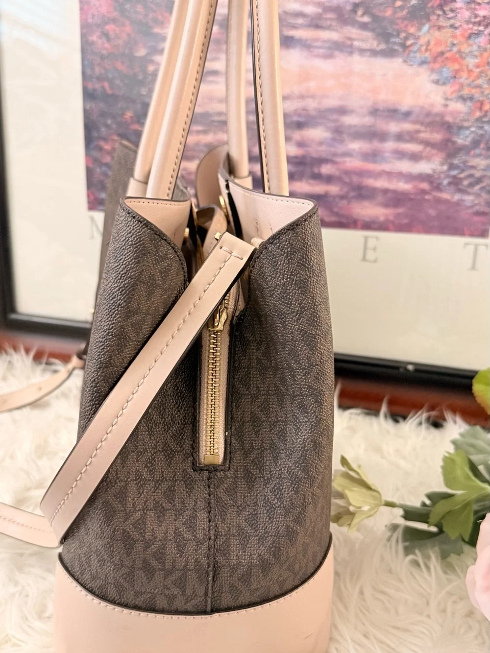 Michael Kors Brown & Pale Pink Logo Tote with Gold Hardware