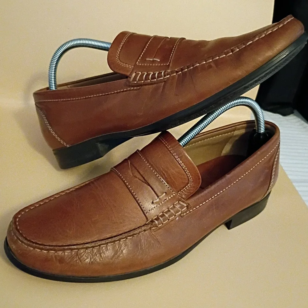 Johnston & Murphy Penny Loafers‎ Mens 9M Brown Leather Sheepskin Lining Slip On