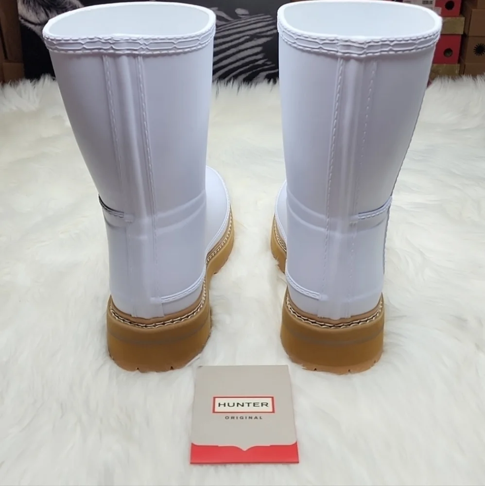 Hunter Refined Short Stitch Detail Wellington Boots Spurrey White Tan