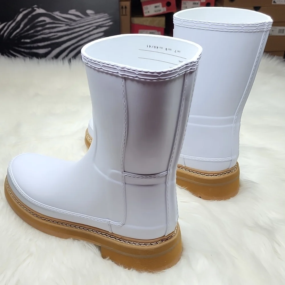Hunter Refined Short Stitch Detail Wellington Boots Spurrey White Tan