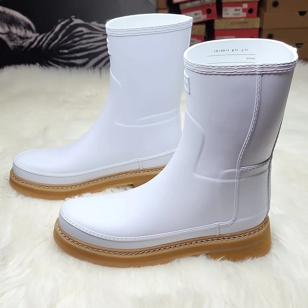 Hunter Refined Short Stitch Detail Wellington Boots Spurrey White Tan
