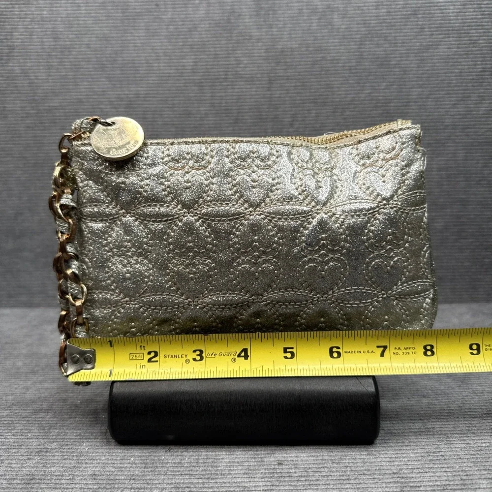 Deux‎ Lux Silver Glitter Heart Quilted Wristlet Y2k Bag Gold Tone Chain Strap